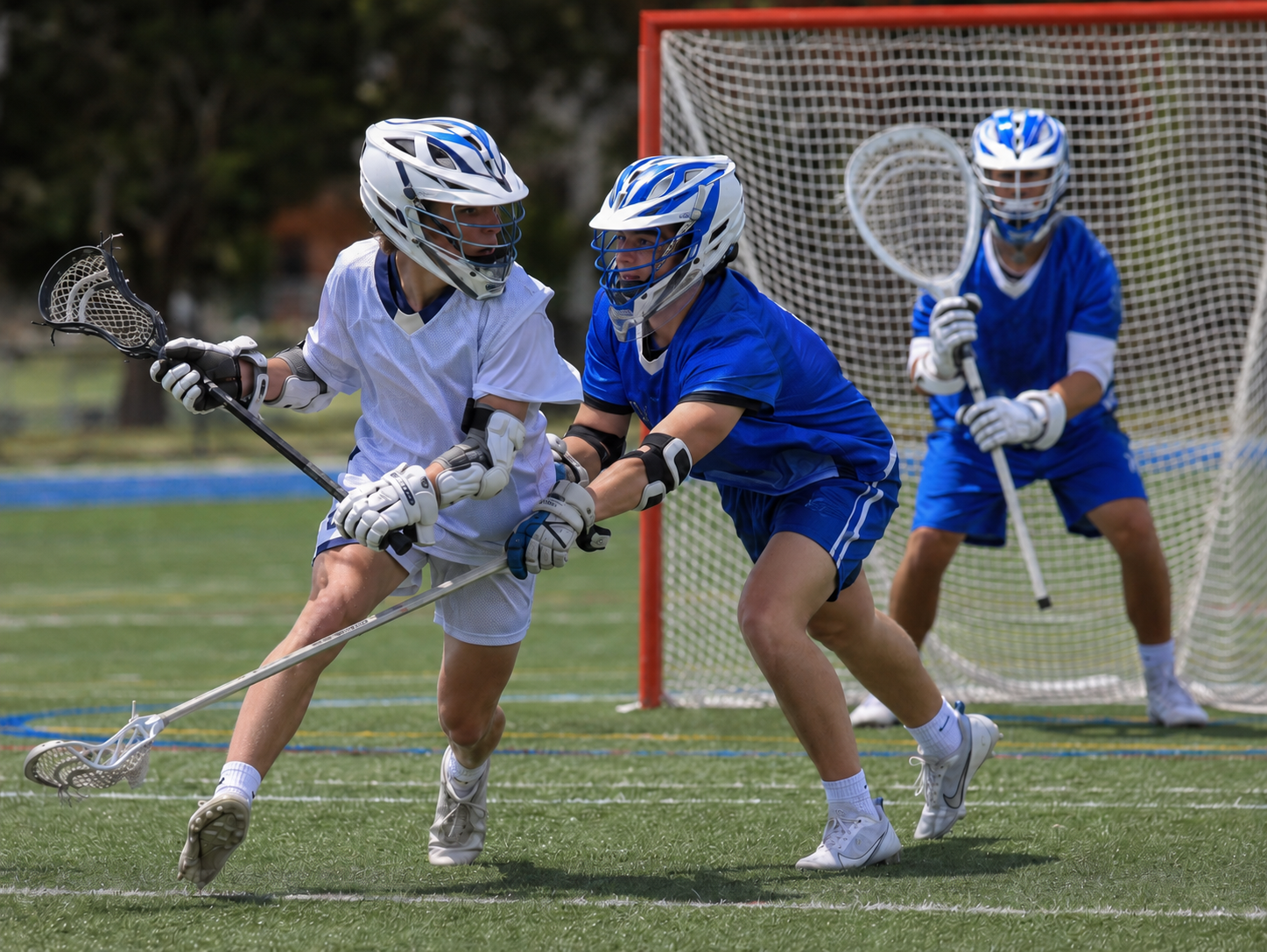 Youth lacrosse players training in a small group